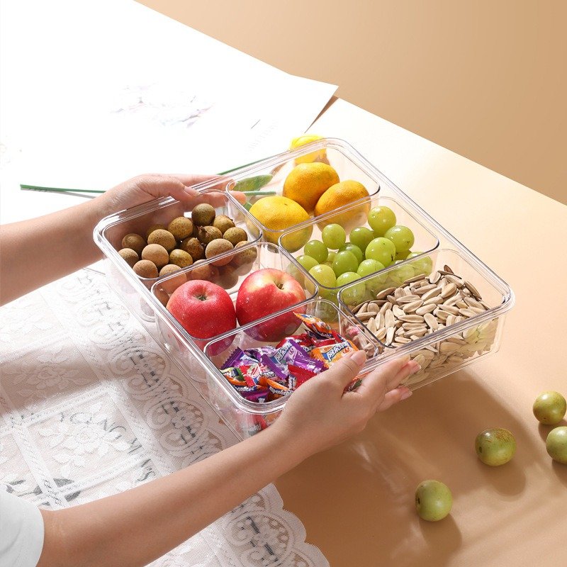 Divided Veggie Tray With Lid Airtight BPA-Free Refrigerator Food Storage Container 6 Compartment Removable Snackle Box