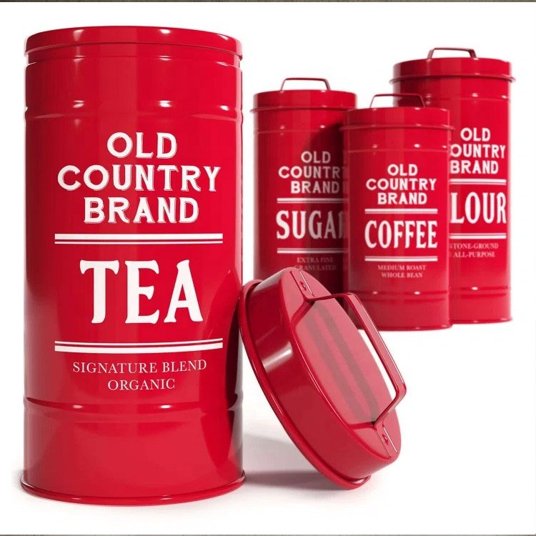 Old Country 4 Piece Flour Sugar Coffee Tea Container Set Airtight Food Storage Metal Kitchen Canister Set for Countertop