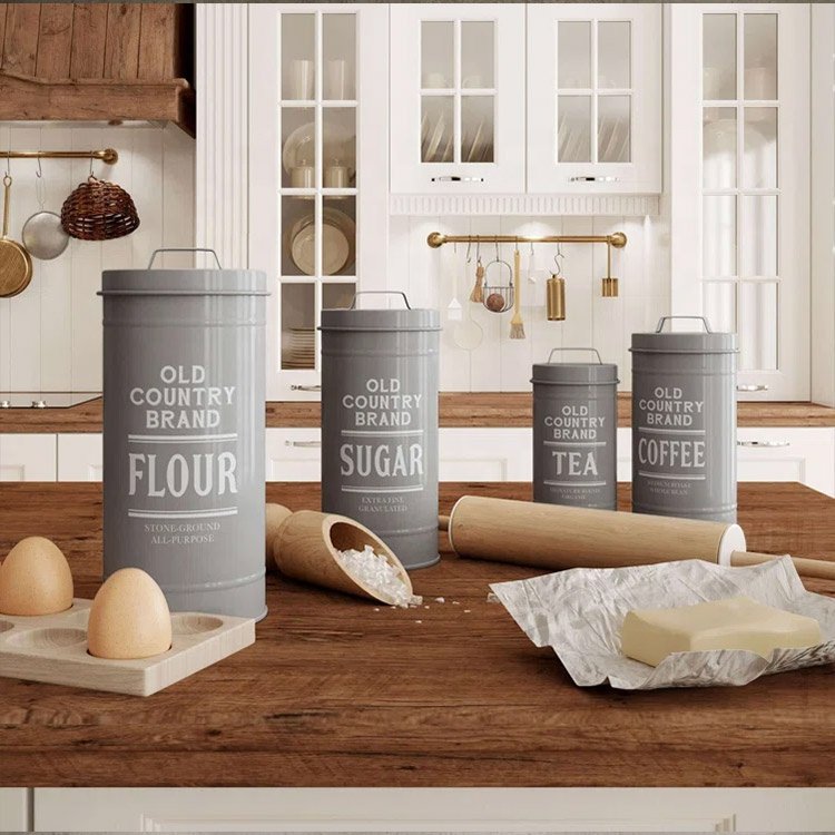 Old Country 4 Piece Flour Sugar Coffee Tea Container Set Airtight Food Storage Metal Kitchen Canister Set for Countertop