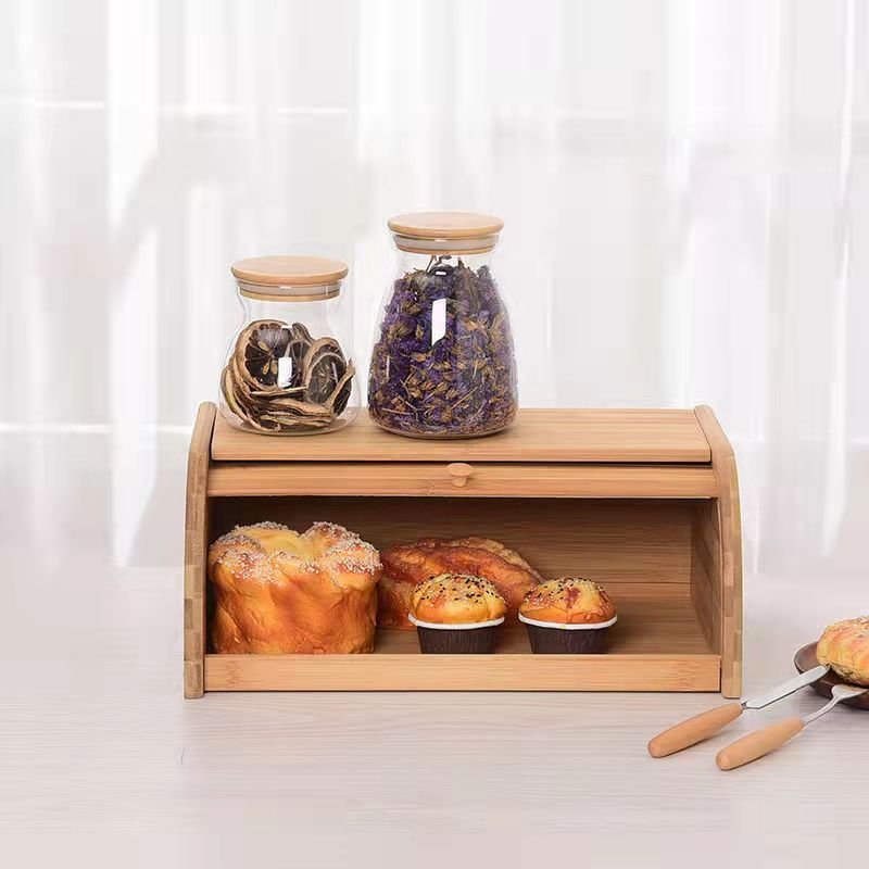 Hot Selling roll top bread box kitchen counter organizer bread storage box bamboo bread box
