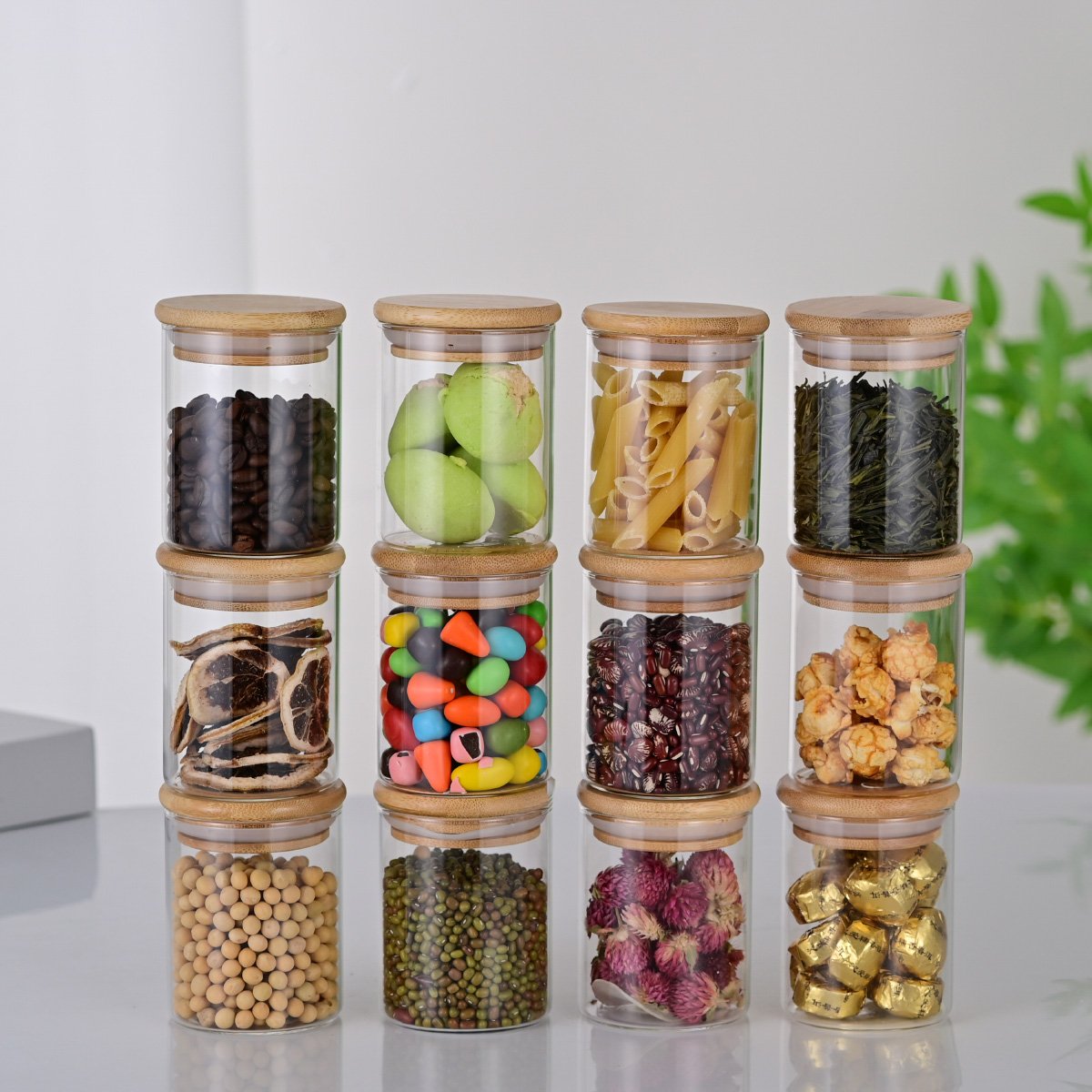 12 piece High Borosilicate Glass Food Spice Storage jar Container set with Bamboo Lids