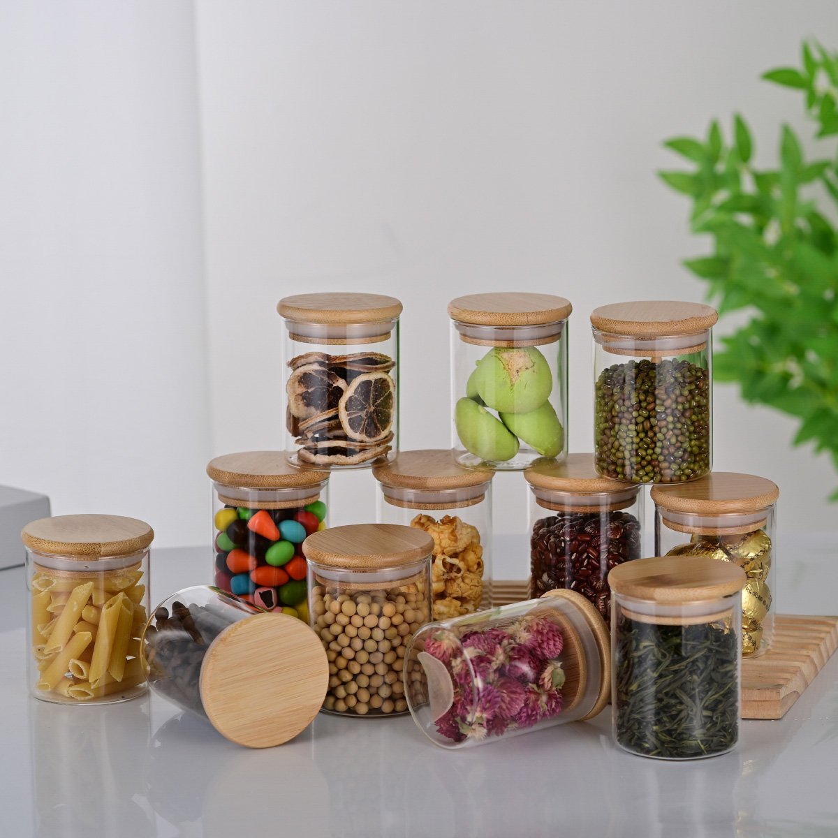 12 piece High Borosilicate Glass Food Spice Storage jar Container set with Bamboo Lids