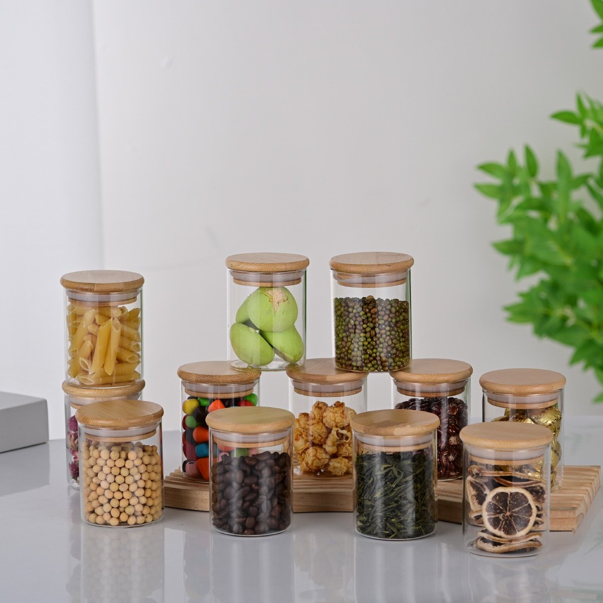 12 piece High Borosilicate Glass Food Spice Storage jar Container set with Bamboo Lids