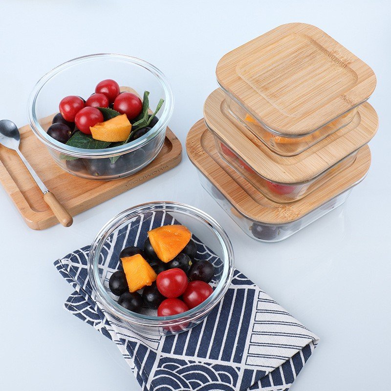 Heatable food container feature and food use food warmer glass storage container with eco-friendly bamboo lid plastic free