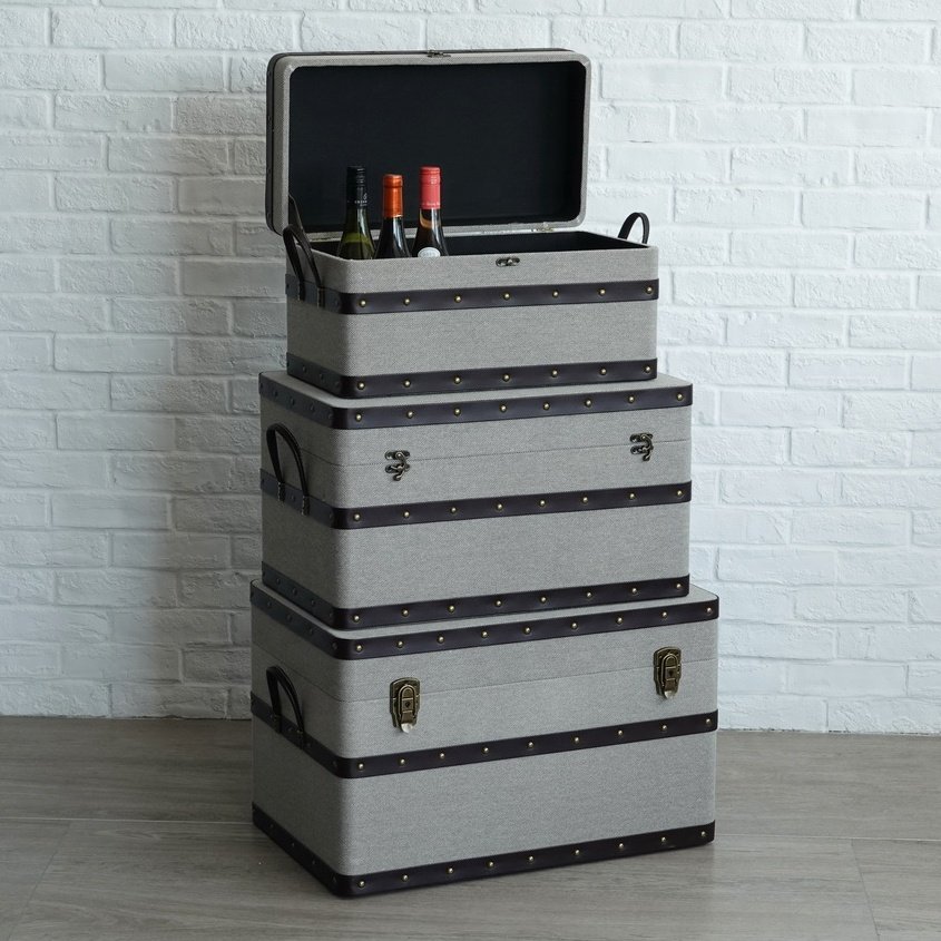Wooden Storage Trunk Boxes Set with Canvas Surface and PU Leather Handle for Home Decorative Storage or Display