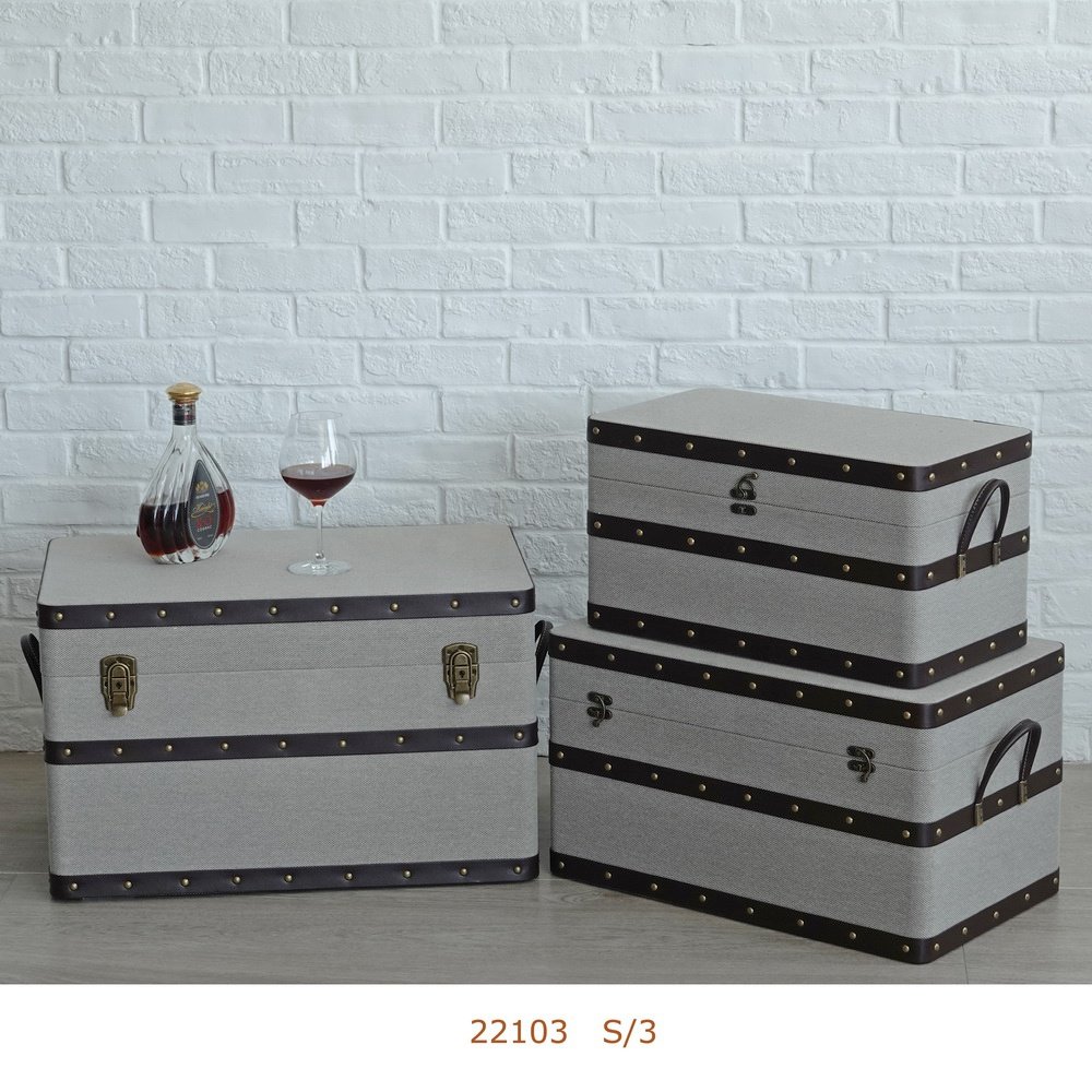 Wooden Storage Trunk Boxes Set with Canvas Surface and PU Leather Handle for Home Decorative Storage or Display