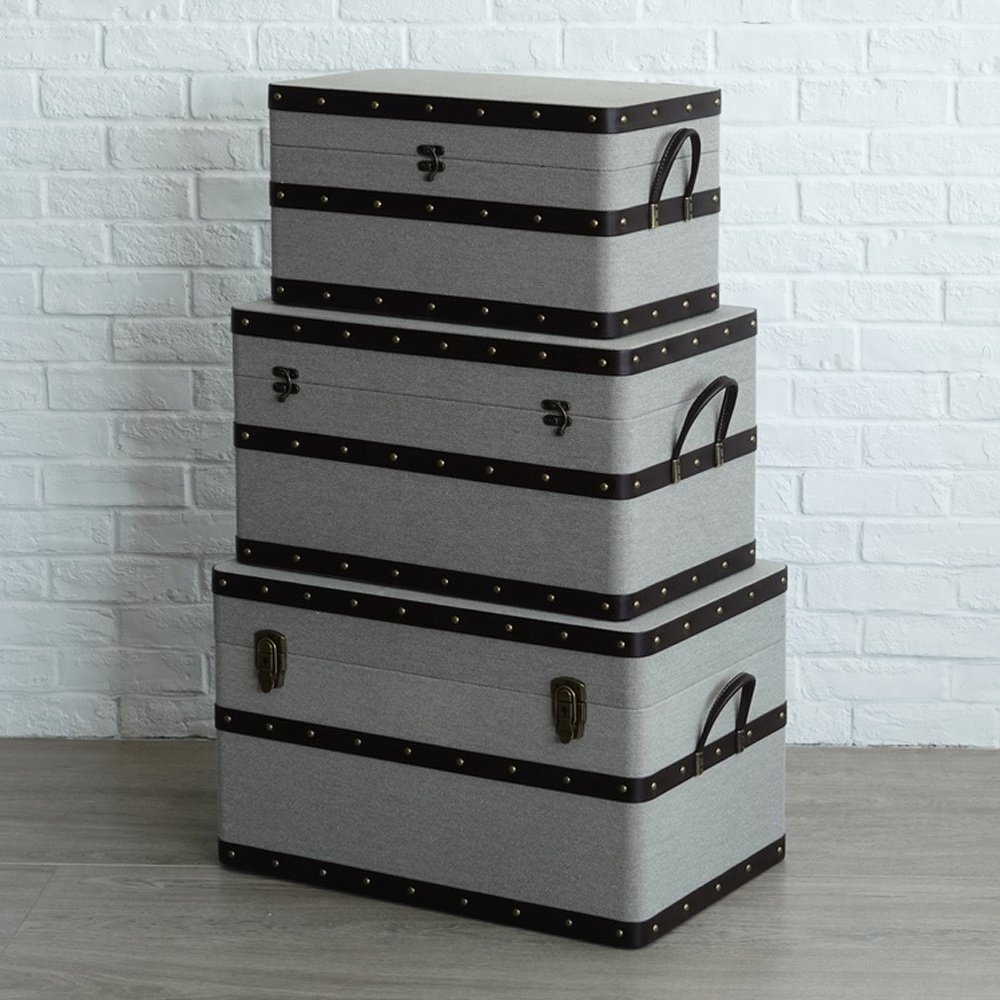 Wooden Storage Trunk Boxes Set with Canvas Surface and PU Leather Handle for Home Decorative Storage or Display