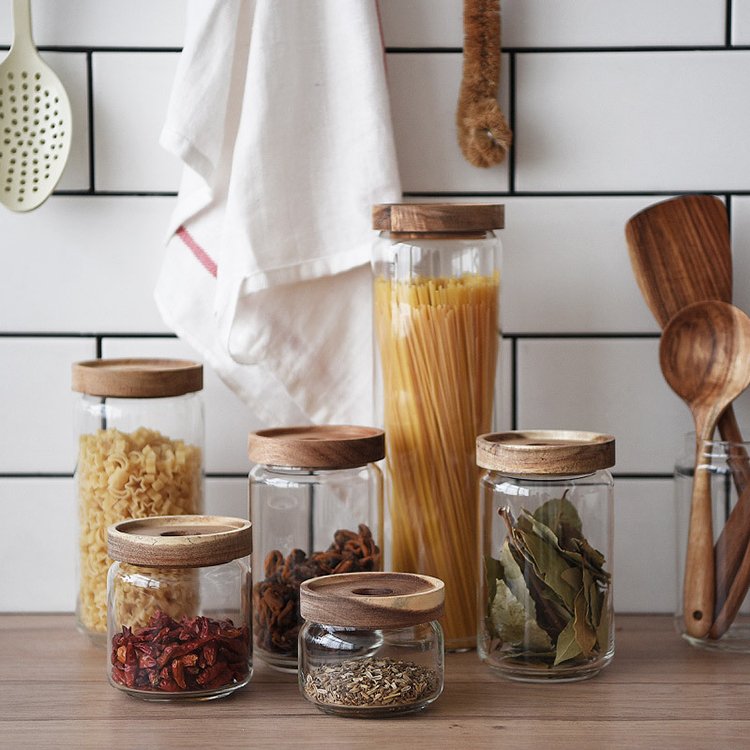 OEM Kitchen Containers Food Preservation Acacia Lid Glass Coffee Jars Round Storage Bottles & Glass Jar
