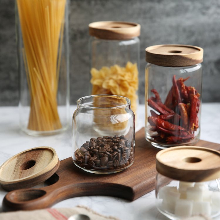OEM Kitchen Containers Food Preservation Acacia Lid Glass Coffee Jars Round Storage Bottles & Glass Jar