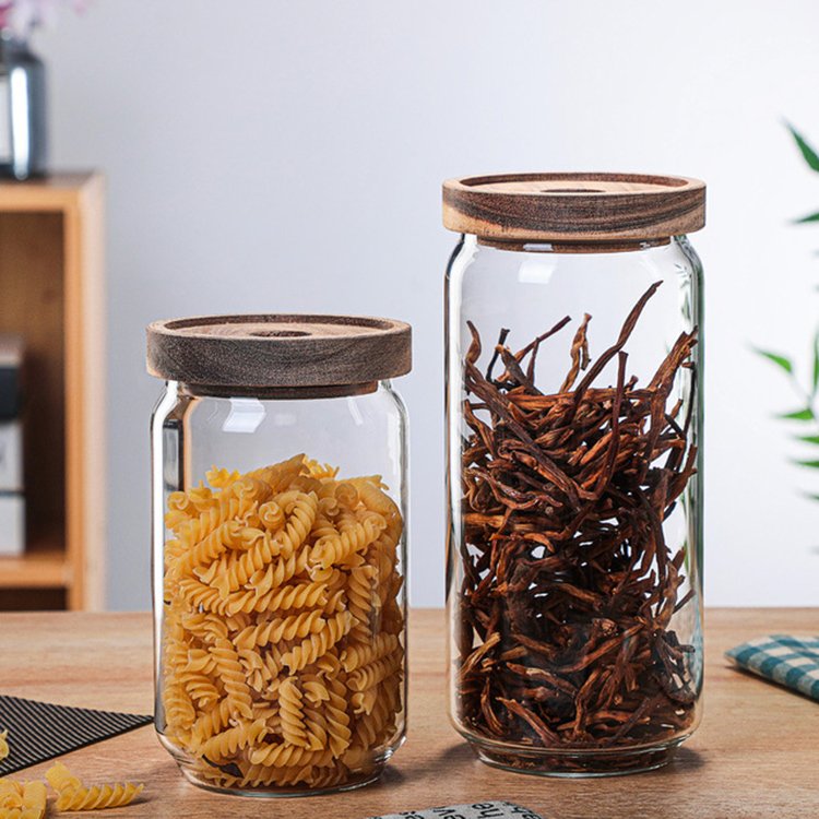 OEM Kitchen Containers Food Preservation Acacia Lid Glass Coffee Jars Round Storage Bottles & Glass Jar