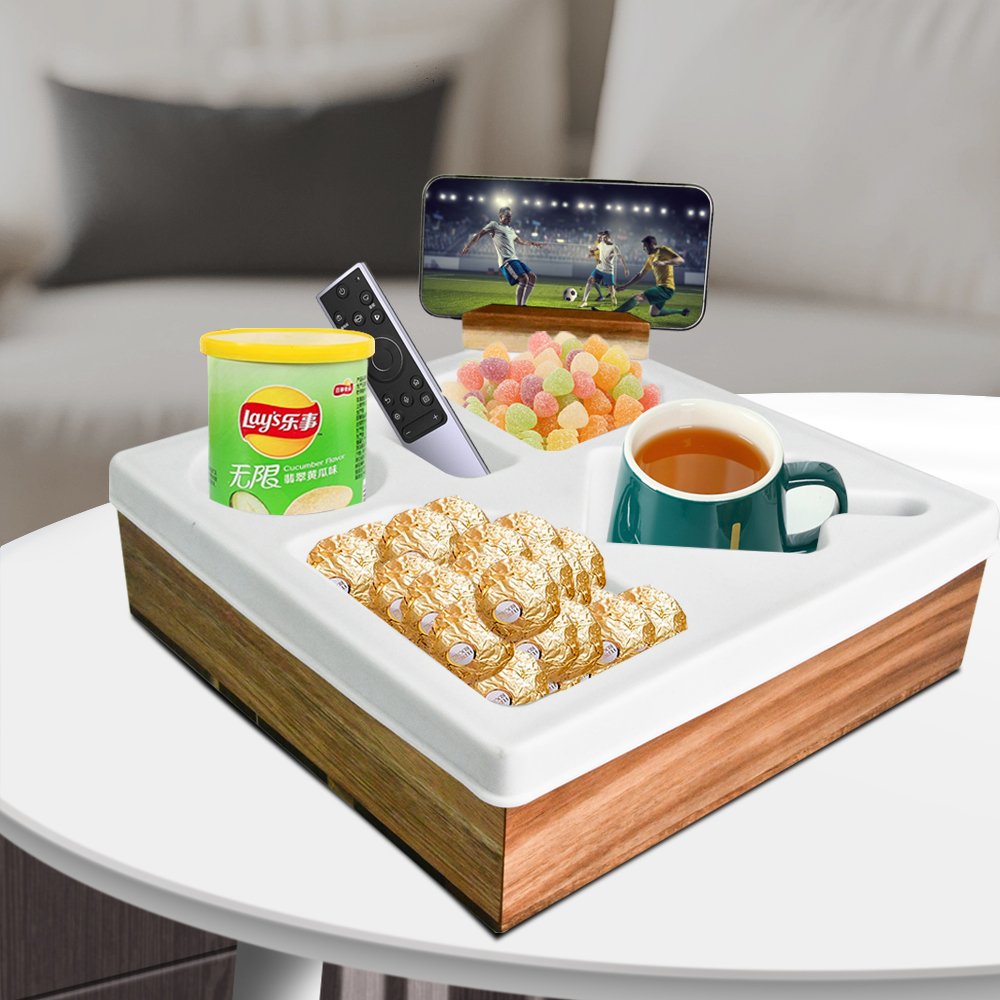 2 in 1 Convenient Soft Fluffy Silicone Acacia Wood Sofa Couch Caddy For Bed Car Seat Beach Organizer Snack Box With Phone holder