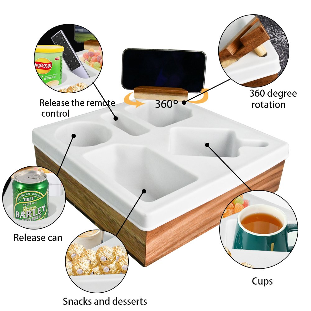 2 in 1 Convenient Soft Fluffy Silicone Acacia Wood Sofa Couch Caddy For Bed Car Seat Beach Organizer Snack Box With Phone holder