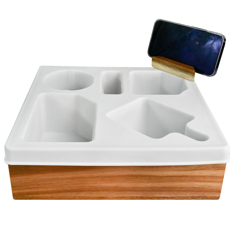 2 in 1 Convenient Soft Fluffy Silicone Acacia Wood Sofa Couch Caddy For Bed Car Seat Beach Organizer Snack Box With Phone holder