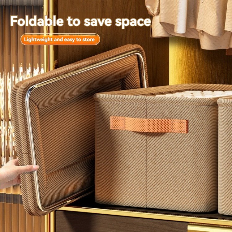 Non-Woven Steel Frame Home Wardrobe Organizer Basket Storage Box with Handles Clothes Closet Storage