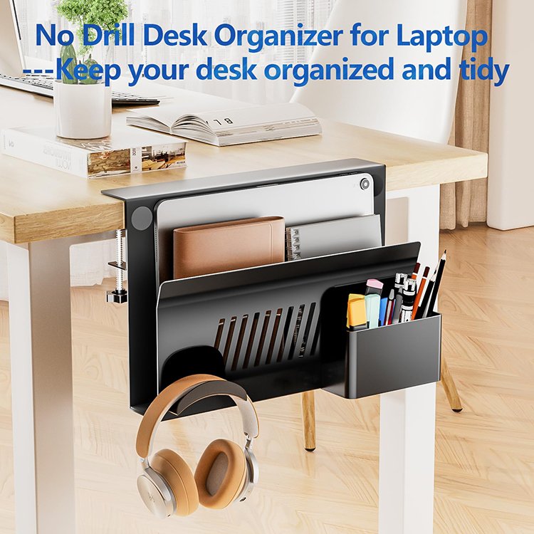 JH-Mech Desk Storage Box Organizer Laptop Holder Clamp on Mount with Magnetic Pen Holder Carbon Steel Desk Side Storage