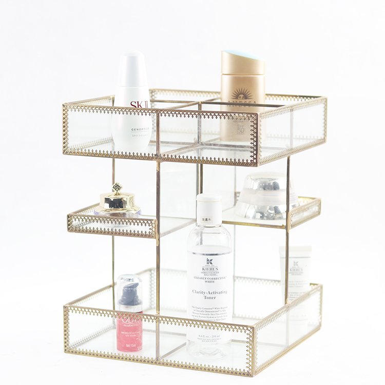 Fashionable Rectangular Hot sale gold and glass beauty Glass makeup organization storage box