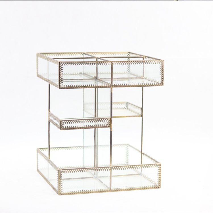 Fashionable Rectangular Hot sale gold and glass beauty Glass makeup organization storage box