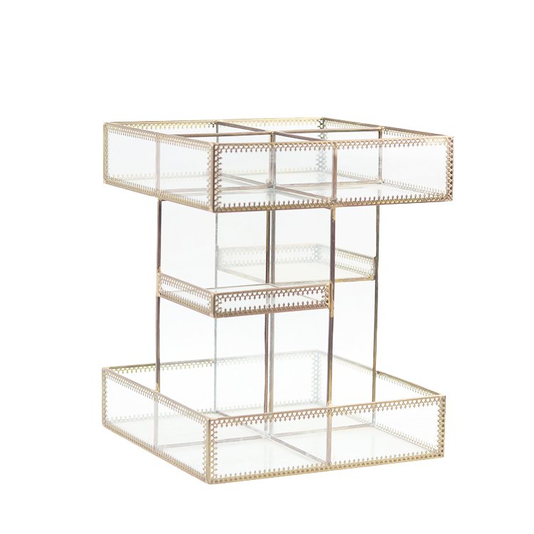 Fashionable Rectangular Hot sale gold and glass beauty Glass makeup organization storage box