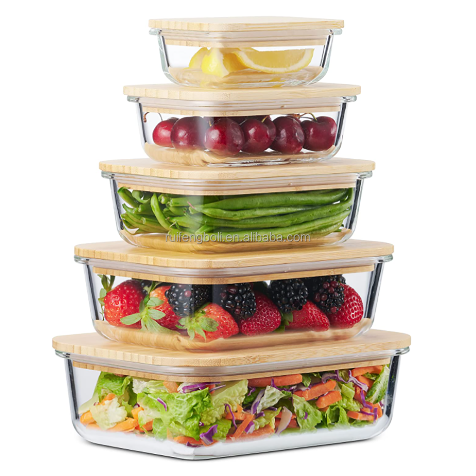 Eco Friendly Meal Prep Containers Airtight Glass Food Storage Containers with Bamboo Lids