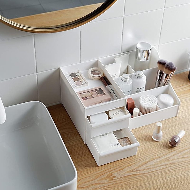 Plastic Storage Box with Drawer for Desktop Organizer Bathroom Vanity Cosmetic Makeup Sundries Office Supplies Container