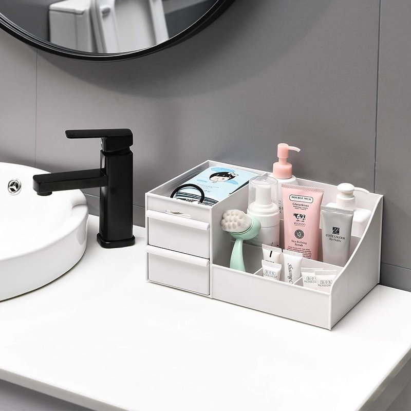 Plastic Storage Box with Drawer for Desktop Organizer Bathroom Vanity Cosmetic Makeup Sundries Office Supplies Container