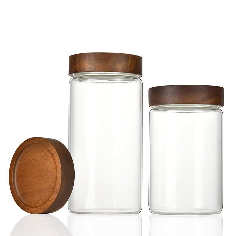 Kitchen High Borosilicate Glass Jar Spice Glass Seasoning Jars Airtight Glass Food Storage And Container With Acacia Wood Lid