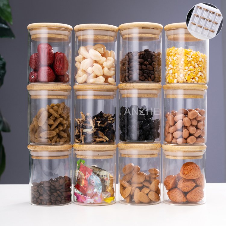12pcs high borosilicate airtight glass storage jars set with bamboo wood lid