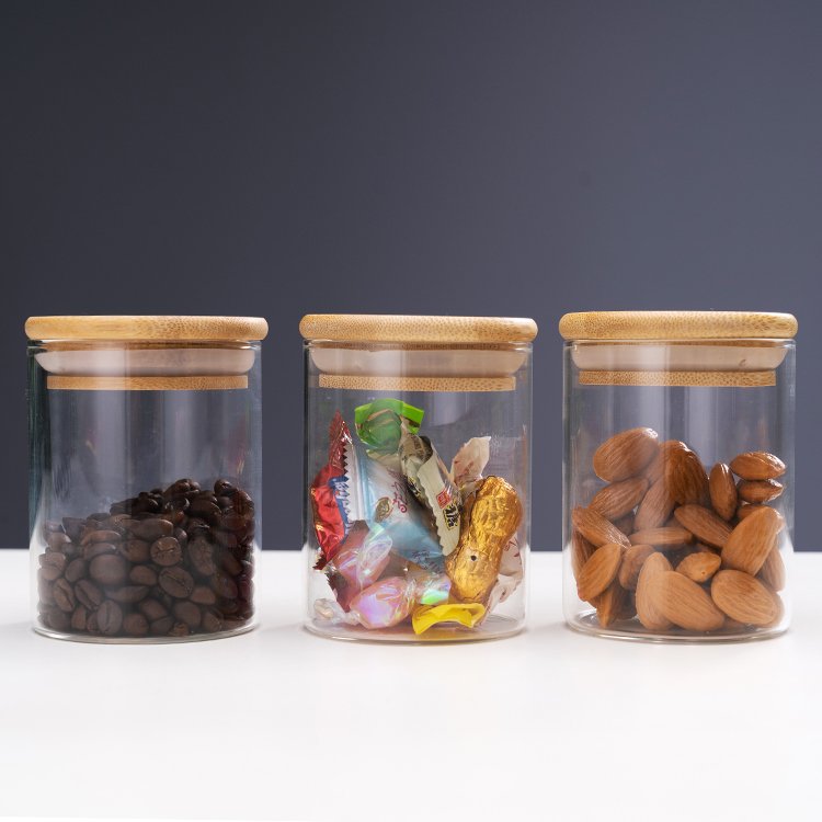 12pcs high borosilicate airtight glass storage jars set with bamboo wood lid