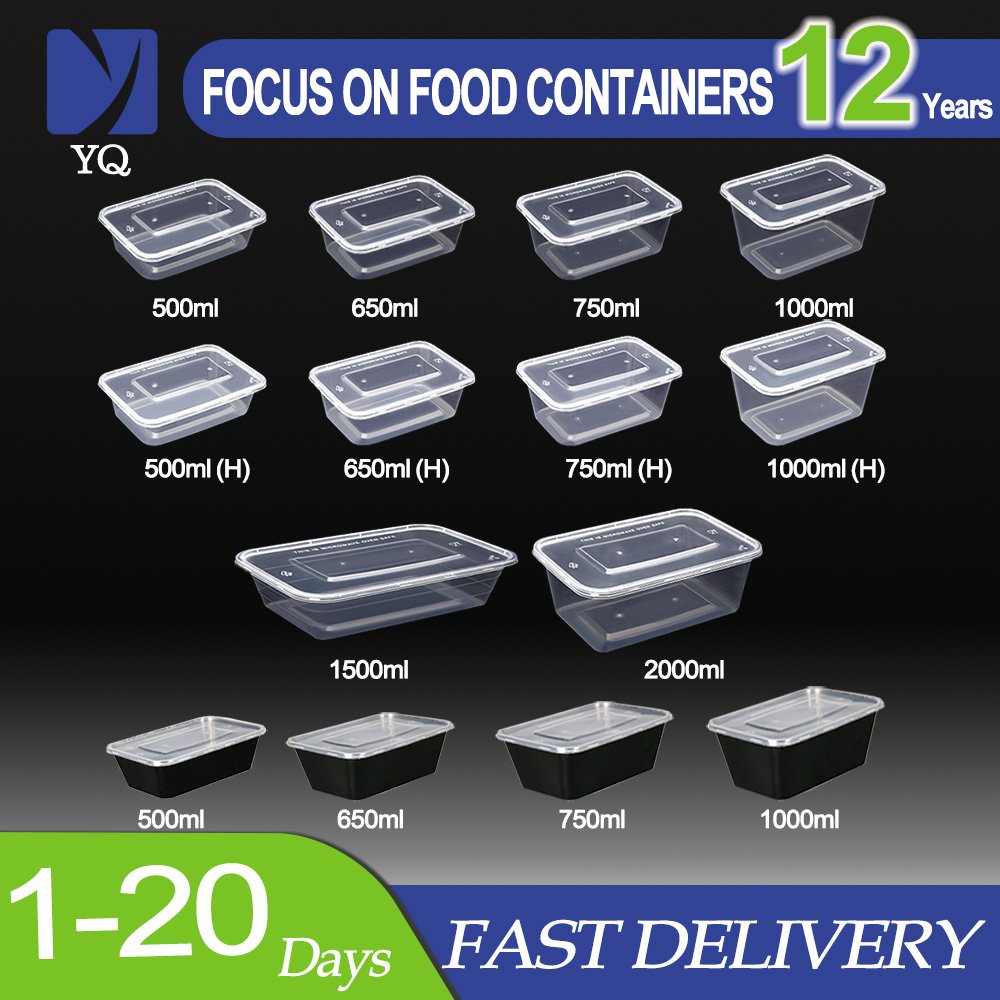 Hot Selling 500ml 650ml 1000ml Clear Black Rectangular Disposable PP Food Box, Microwaveable Plastic Food Containers