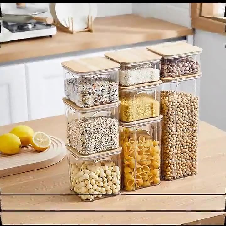 Square Airtight Stackable Food Storage Containers With Bamboo Lid Set of 8 For Kitchen Pantry Snack Candy