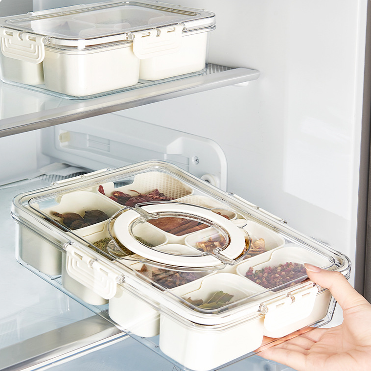 Divided Plastic clear Sealed Snackle Sugar Salt Spicy Spice Storage Containers Serving Tray With Lid and handle