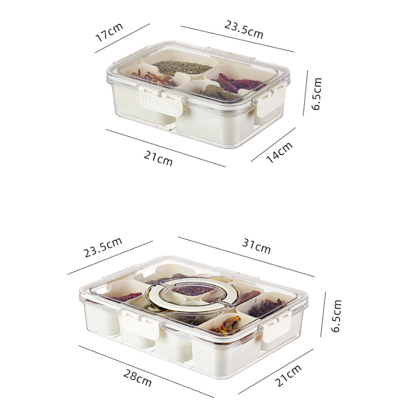Divided Plastic clear Sealed Snackle Sugar Salt Spicy Spice Storage Containers Serving Tray With Lid and handle
