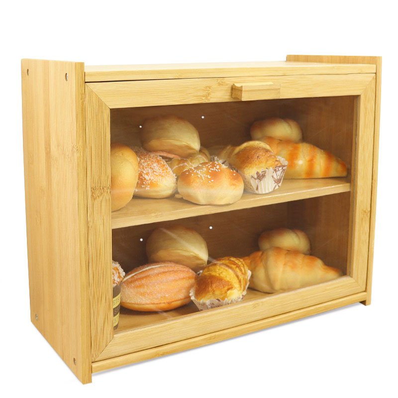 Double Layer Large Kitchen Acrylic Transparent lid canister food storage box toast banana bread bin bamboo bread box with lid