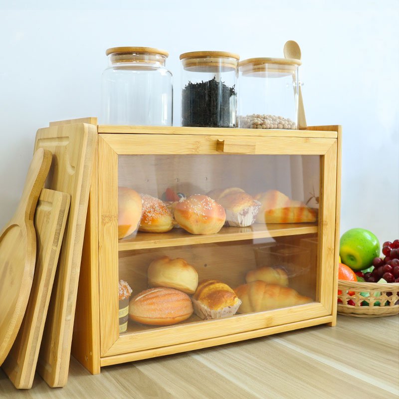 Double Layer Large Kitchen Acrylic Transparent lid canister food storage box toast banana bread bin bamboo bread box with lid