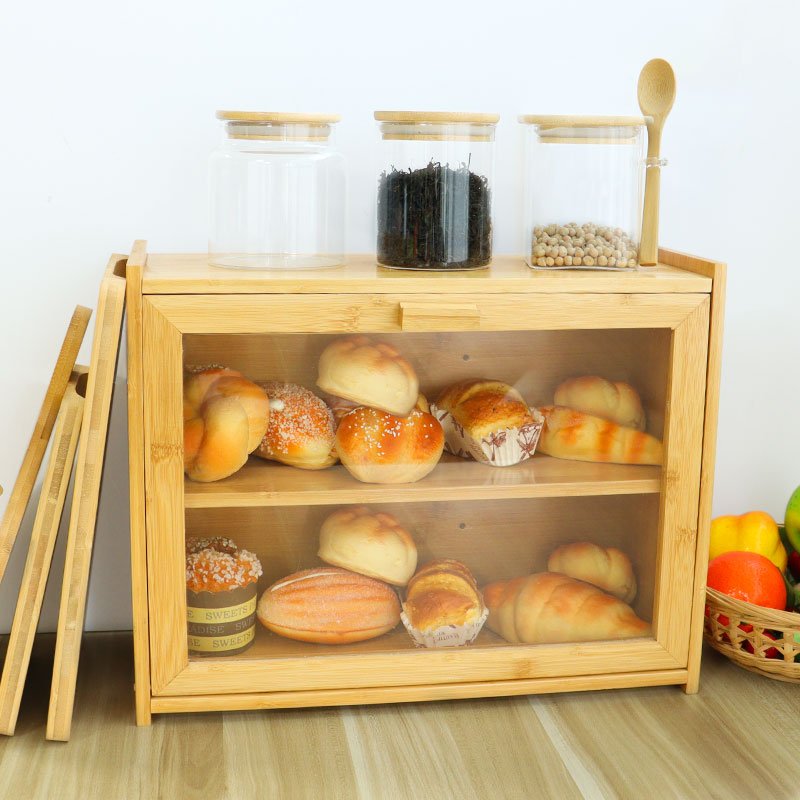 Double Layer Large Kitchen Acrylic Transparent lid canister food storage box toast banana bread bin bamboo bread box with lid