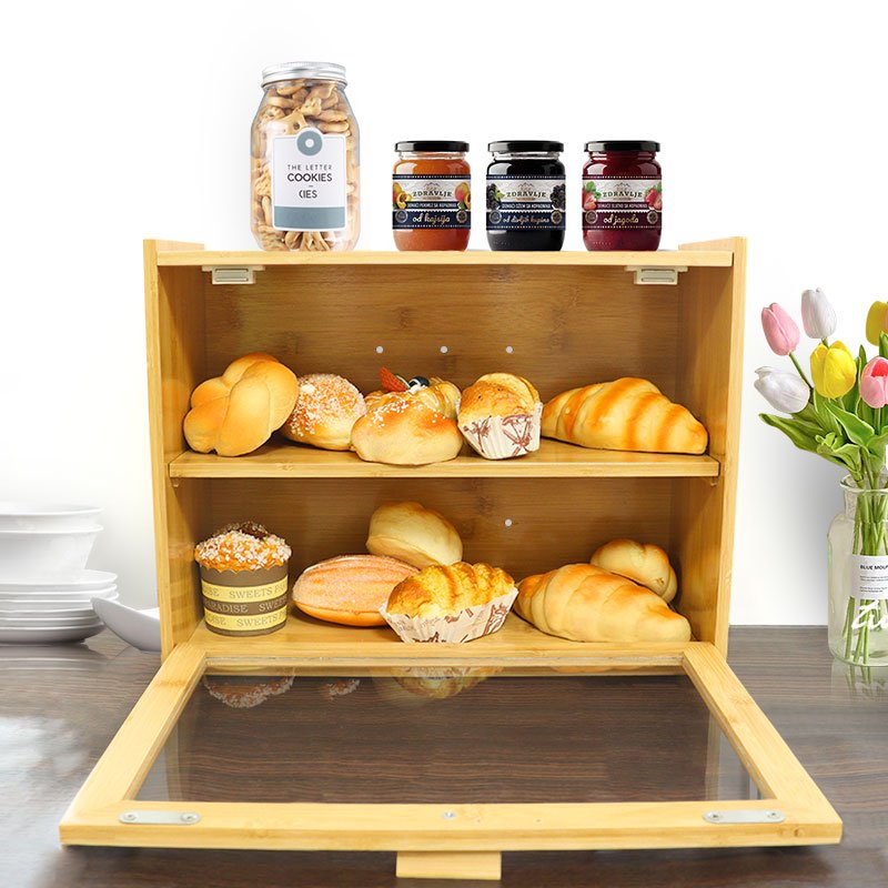 Double Layer Large Kitchen Acrylic Transparent lid canister food storage box toast banana bread bin bamboo bread box with lid