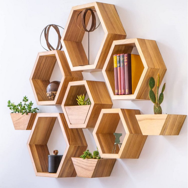 Wall Mount Honeycomb Decor Wooden Plant Pots Holder Hexagon Floating Shelves