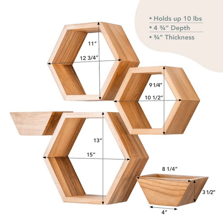 Wall Mount Honeycomb Decor Wooden Plant Pots Holder Hexagon Floating Shelves