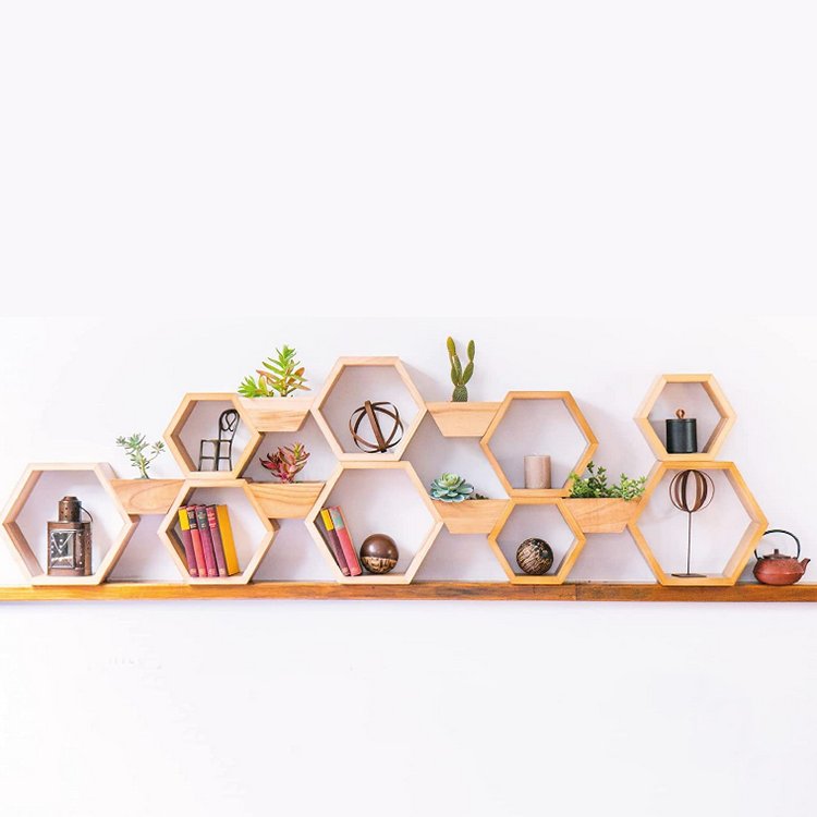 Wall Mount Honeycomb Decor Wooden Plant Pots Holder Hexagon Floating Shelves