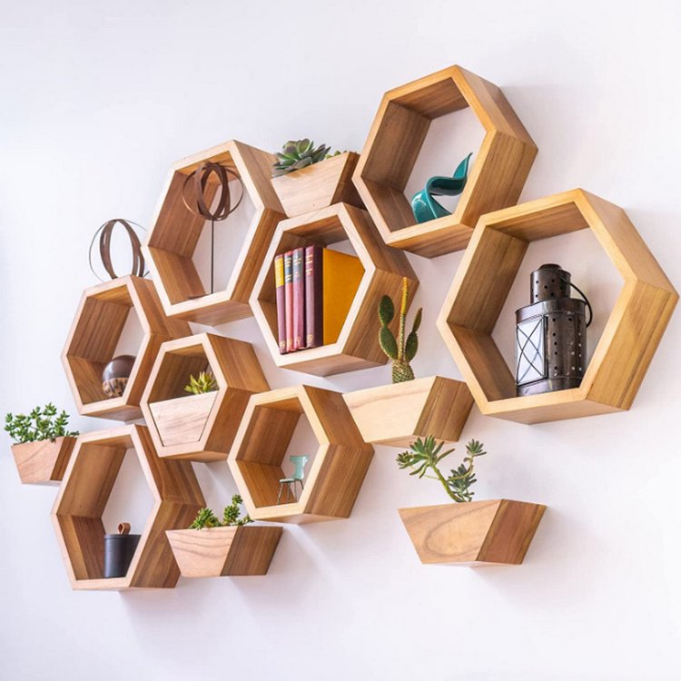 Wall Mount Honeycomb Decor Wooden Plant Pots Holder Hexagon Floating Shelves