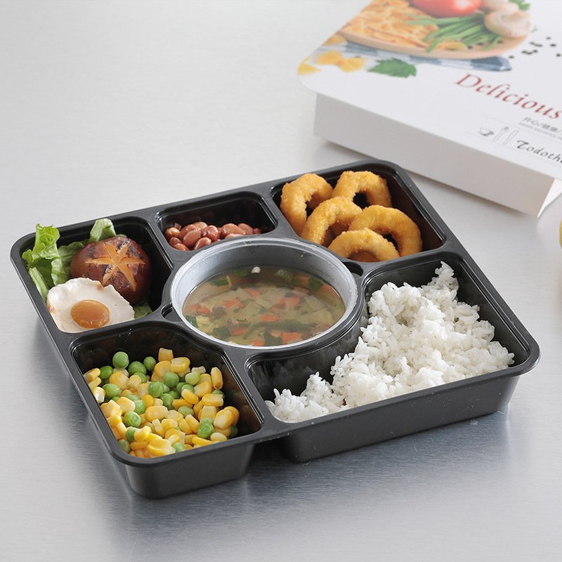 7 compartment black clear white microwavable to go takeaway disposable plastic take out fast food container with soup bowl