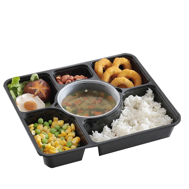 7 compartment black clear white microwavable to go takeaway disposable plastic take out fast food container with soup bowl