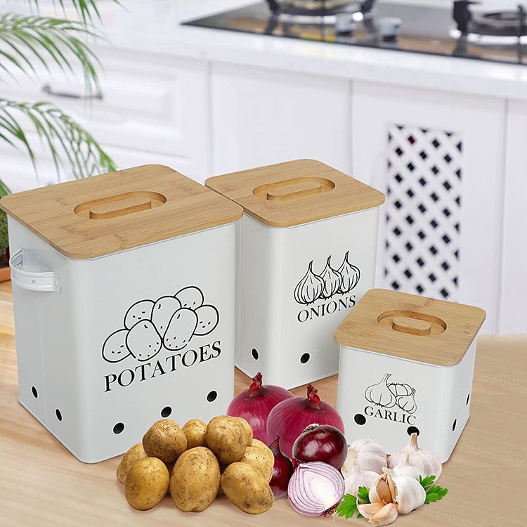 New Design Kitchen Metal Potato Onion Garlic Storage container Food Canisters Sets With Lid