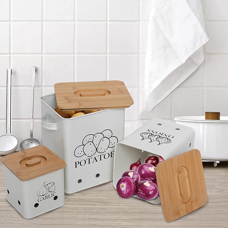 New Design Kitchen Metal Potato Onion Garlic Storage container Food Canisters Sets With Lid