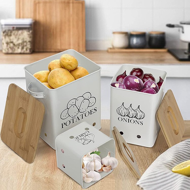 New Design Kitchen Metal Potato Onion Garlic Storage container Food Canisters Sets With Lid