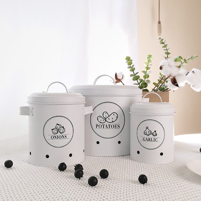 New Design Kitchen Metal Potato Onion Garlic Storage container Food Canisters Sets With Lid