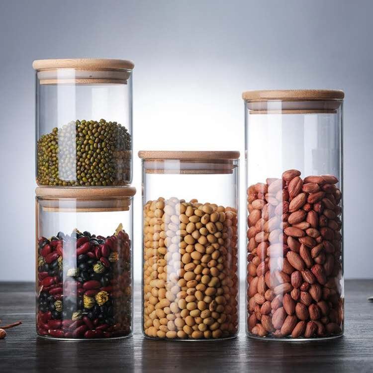 Clear D100 mm high borosilicate mason jar herb jarglass storage jar Food Storage Container with Cork bamboo airtight lid