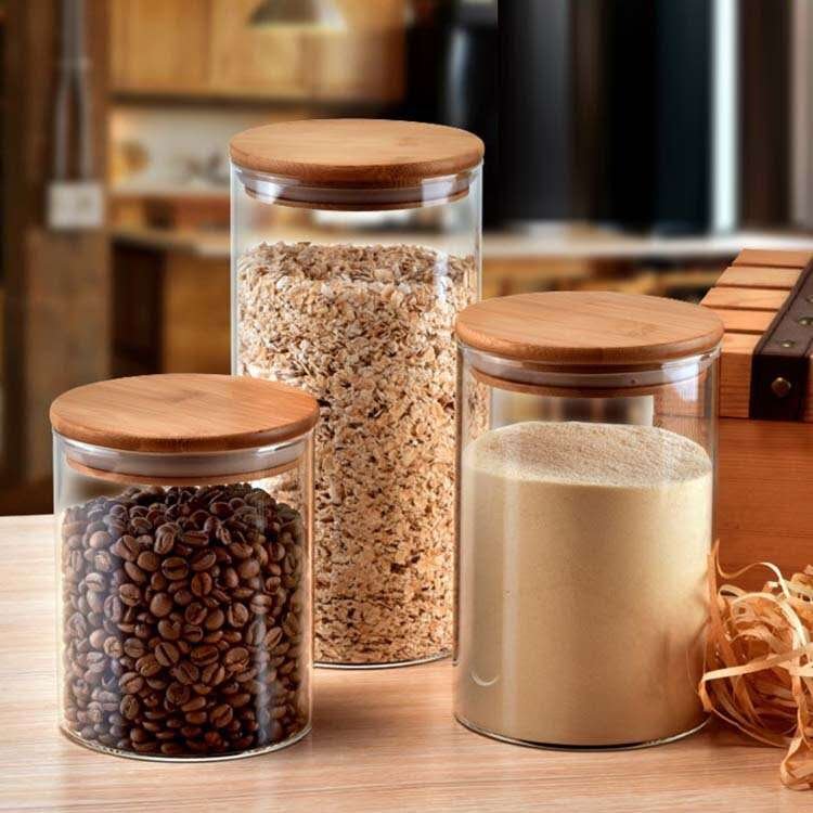 Clear D100 mm high borosilicate mason jar herb jarglass storage jar Food Storage Container with Cork bamboo airtight lid