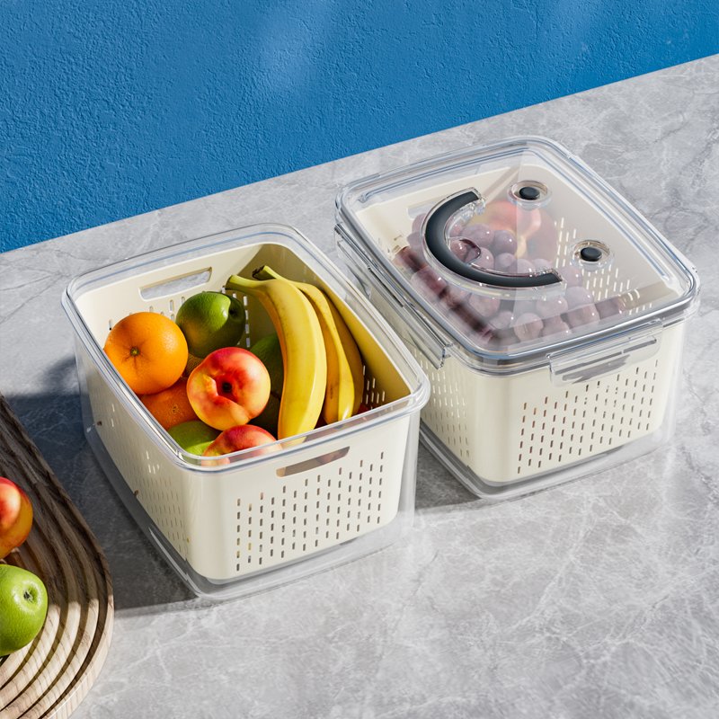 Vegetable Fruit Fresh Produce Fridge Refrigerator Fresh-keeping Storage Box Containers With Grid Strainer Drain Basket Crisper