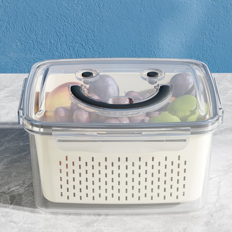 Vegetable Fruit Fresh Produce Fridge Refrigerator Fresh-keeping Storage Box Containers With Grid Strainer Drain Basket Crisper